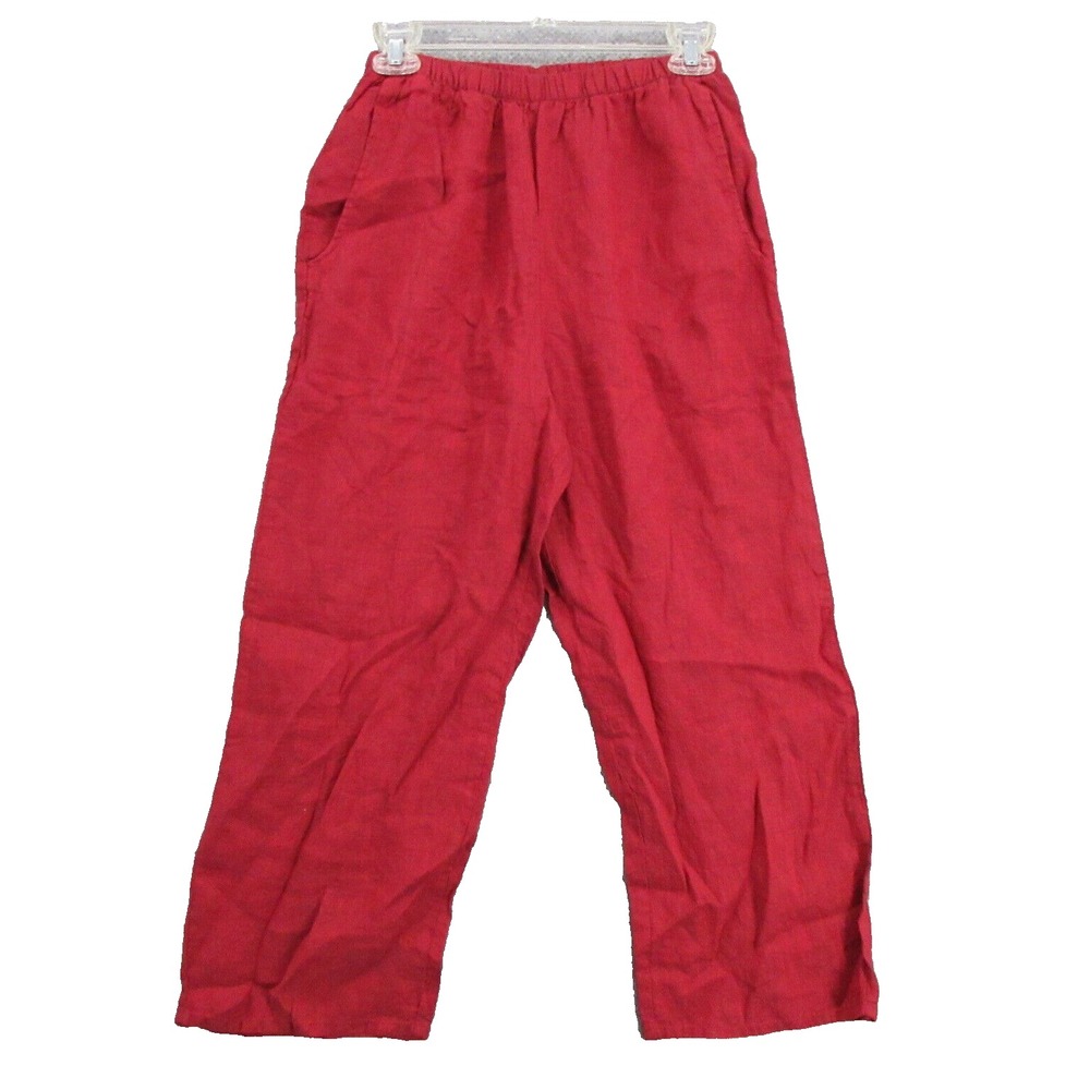 FLAX Designs Linen Pants XS Red Straight Leg Pull-On Elastic Waist Pockets New